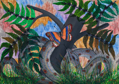 Pilipili MULONGOY 1914-2007 - Congo Serpent et papillon Huile sur toile