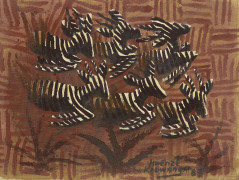 Mwenze KIBWANGA 1925-1999 - Congo Six antilopes, 1963 Huile sur toile marouflée sur panneau d'Isorel