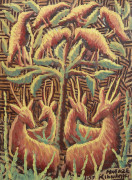 Mwenze KIBWANGA 1925-1999 - Congo Oiseaux et antilopes, 1961 Huile sur panneau