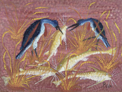 BELA c.1920-1968 - Congo Poissons et volatiles Huile sur panneau d'Isorel