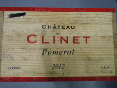 12 bouteilles CHÂTEAU CLINET 2012 Pomerol Caisse bois d'origine (léger abimée par l'humidité