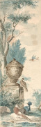 Aert SCHOUMAN Dordrecht, 1710 - La Haye, 1792 Oiseaux exotiques au pied de vases sculptés dans des paysages Paires d'aquarelles sur...