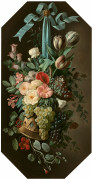 Augustin-Alexandre THIERRIAT Lyon, 1789 - 1870 Corbeille de fruits et de fleurs suspendue à un ruban Huile sur toile, de forme octog...