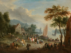 Théobald MICHAU Tournai, 1676 - Anvers, 1765 Scène de village animé au bord d'un fleuve Huile sur cuivre