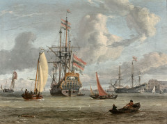 Abraham STORCK Amsterdam, 1644 - 1708 Grand navire de la couronne du Danemark près d'un littoral Huile sur panneau de chêne, une pla..