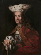 Ecole italienne du XVIIe siècle  Portrait d'homme à la toque d'hermine tenant une hache, probablement un prince hongrois Huile sur t.