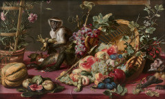 Frans SNYDERS Anvers, 1579 - 1657 Singes près d'une corbeille de fruits Panneau de chêne, trois planches