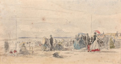 Eugène BOUDIN Honfleur, 1824 - Deauville,1898 Scène de plage à Deauville Aquarelle sur trait de crayon