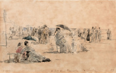 Eugène BOUDIN Honfleur, 1824 - Deauville,1898 Crinolines sur la plage à Trouville Aquarelle sur trait de crayon