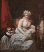 Henri-Pierre DANLOUX Paris, 1753 - 1809 Portrait d'une mère et de ses deux enfants dans un intérieur Huile sur toile (Toile d'origin.