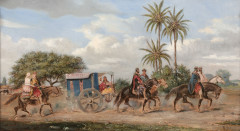 Jean-Léon PALLIÈRE Rio de Janeiro, 1823 - Lorris, 1887 Une caravane de gauchos et leurs chariots traversant la Pampa, Argentine Huil...