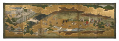 PARAVENT À SIX FEUILLES SUR PAPIER ET FOND DE FEUILLES D'OR, Japon, époque Edo, XVIIIe siècle