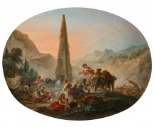 François GUÉRIN Paris, 1717 - 1807 Le retour de la chasse et Scène animée à la fontaine Paire d'huiles sur toiles de forme ovale