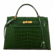 HERMÈS 1991  Sac KELLY Sellier 32 Alligator lisse vert (Alligator mississippiensis) II/B Garniture métal plaqué or Bando...