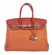 HERMÈS Édition Limitée 2013  Sac BIRKIN ARLEQUIN 35 Taurillon Clémence Orange, Gold, Sanguine, Étain, Bleu Lin et Hydra ...