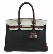 HERMÈS Commande Spéciale 2013  Sac BIRKIN 30 Chèvre noir, Prune et Craie Garniture métal argenté brossé  BIRKIN 30 b...