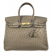 HERMÈS 2005  Sac BIRKIN 35 Autruche taupe (Struthio camelus) NR Garniture métal plaqué or  BIRKIN 35 bag Taupe ostri...