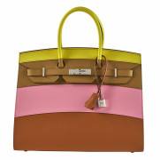 HERMÈS Édition Limitée 2020  Sac BIRKIN Sellier SUNRISE RAINBOW 35 Veau Epsom Lime, Sésame, Rose Confetti et Terre Battue...