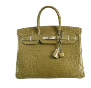 HERMÈS 2011  Sac BIRKIN 35 Crocodile d'estuaire lisse vert (Crocodylus porosus) II/B Garniture métal argenté palladié R...