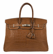 HERMÈS 2012  Sac BIRKIN 35 Alligator mat Fauve (Alligator mississippiensis) II/B Piqué sellier blanc Garniture métal arg...