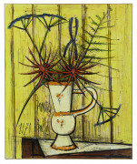 ¤ Bernard BUFFET 1928- 1999 Bouquet rouge et bleu fond jaune, vase blanc et orangé - 1970 Huile sur panneau d'isorel