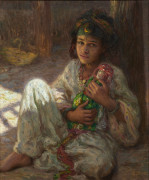 Étienne DINET 1861-1929 Petite fille à la poupée, circa 1920 Huile sur toile