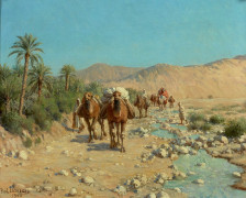 Paul LAZERGES 1845-1902 Caravane au bord de l'oued Huile sur toile