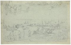 Eugène BOUDIN 1824 - 1898 Ensemble de deux oeuvres I - Deux études superposées d'un rivage animé de barques et pêcheurs - circa 1854..