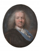 Hyacinthe RIGAUD Perpignan, 1659 - Paris, 1743 Portrait d'homme à l'écharpe bleue Huile sur papier, de forme ovale