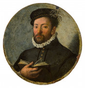 Attribué à Lavinia FONTANA Bologne, 1552 - Rome, 1614 Portrait d'homme tenant un livre Huile sur cuivre, de forme ronde