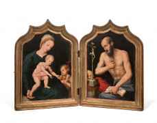 Pays-Bas, vers 1540 Entourage de Joos van Cleve La Vierge à l'Enfant avec le petit saint Jean Baptiste; Saint Jérôme Diptyque, panne..