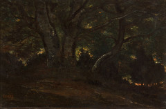 Antoine-Louis BARYE Paris, 1795 - 1875 Intérieur de la forêt de Fontainebleau Huile sur papier marouflé sur toile