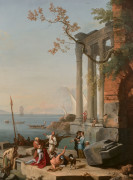 Adrien MANGLARD Lyon, 1695 - Rome, 1760 Rivage méditerranéen animé de marchands Huile sur toile