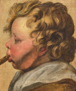 Attribué à Jacob JORDAENS Anvers, 1593 - 1678 Jeune joueur de flûte, étude pour 'L'Adoration des bergers' Huile sur papier marouflé.