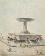 Hubert ROBERT Paris, 1733 - 1808 Lavandières près d'une fontaine à la vasque antique et aux lions Aquarelle sur trait de plume et en..