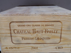 12 bouteilles CHÂTEAU HAUT BAILLY 2001 CC Pessac Léognan Caisse bois d'origine (abimée