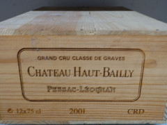 12 bouteilles CHÂTEAU HAUT BAILLY 2001 CC Pessac Léognan Caisse bois d'origine