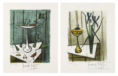 Bernard BUFFET (1928 - 1999) Nature morte aux Iris et Petite nature morte au compotier – 1979/1980 2 lithographies en couleurs