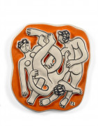 Fernand LEGER (d'après) & Claude Brice (1881 - 1955) Les acrobates sur fond orange - 1970 Céramique émaillée et peinte à décor polyc..