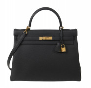 HERMÈS 2017  Sac KELLY Retourné 35 Veau Togo noir Garniture métal plaqué or Bandoulière  KELLY Retourné 35 bag Bla...