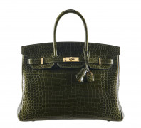 HERMÈS 2010  Sac BIRKIN 35 Crocodile d'estuaire lisse Vert Véronèse (Crocodylus porosus) II/B Garniture métal plaqué or ...