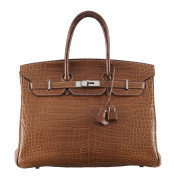 HERMÈS 2008  Sac BIRKIN 35 Crocodile d'estuaire mat Fauve (Crocodylus porosus) II/B Garniture métal argenté palladié  ...