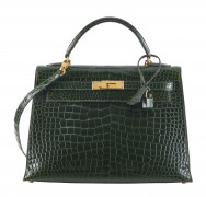 HERMÈS 1996  Sac KELLY Sellier 32 Crocodile d'estuaire lisse vert (Crocodylus porosus) II/B Garniture métal plaqué or Ba...