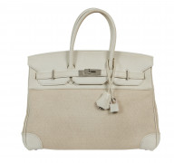 HERMÈS 2009  Sac BIRKIN 35 Toile "H" et veau Swift blanc Garniture métal argenté paladié  BIRKIN 35 bag "H" canvas a...