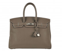 HERMÈS 2009  Sac BIRKIN 35 Veau Togo Étoupe Piqué sellier blanc Garniture métal argenté palladié  BIRKIN 35 bag Ét...