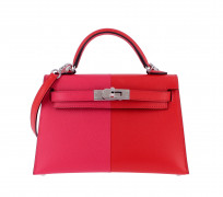 HERMÈS Édition Limitée 2021  Sac Mini KELLY 20 II Veau Epsom Rouge de Cœur et Rose Extrême Intérieur en cuir Bleu Zanzib...