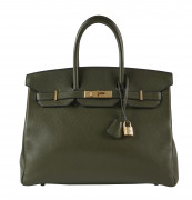 HERMÈS 2000  Sac BIRKIN 35 Taurillon Clémence kaki Garniture métal plaqué or  BIRKIN 35 bag Khaki taurillon Clémence...