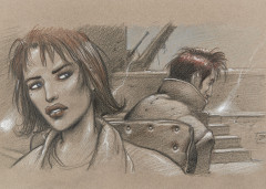 *Enki BILAL Né en 1951 Julia & Roem Fusain et pastel sur papier grège pour la case 3 de la page 25 de cet album publié en 2011...