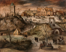 Lucas GASSEL Helmond, vers 1500- Bruxelles, vers 1568 Place forte dans un paysage d'hiver Huile sur panneau de chêne, parqueté