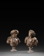 Dans le goût de Claude MICHEL, dit CLODION Nancy, 1738 - Paris, 1814 Buste de Bacchante et Buste de satyre Terre cuite estampée